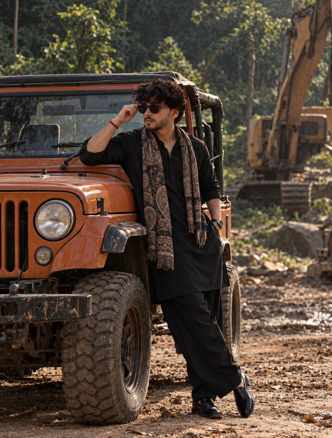 Black Kurta Jeep Car AI Photo Prompt for Boys
